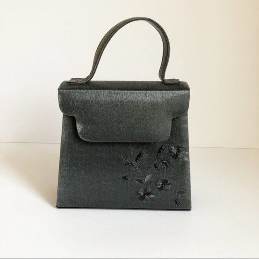 Unbranded Gray Satin Bead Floral Embroidered Micro Evening Bag Party Witchy Goth